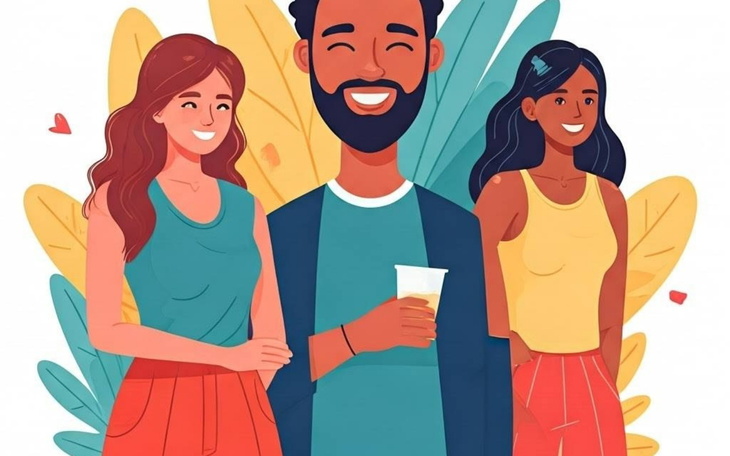 Ilustracja trzech osób uśmiechających się w radosnej scenerii.