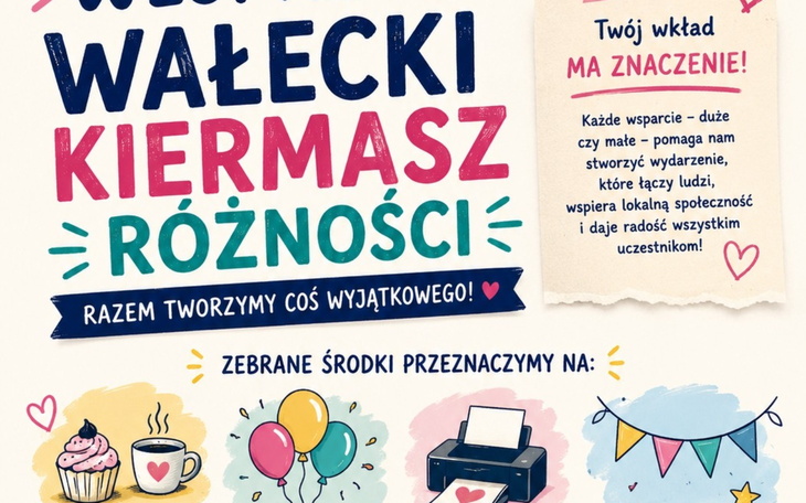 Plakat zapraszający na lokalny kiermasz różnorodności.