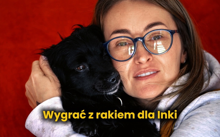 Kobieta przytulająca psa, z napisem o walce z rakiem.