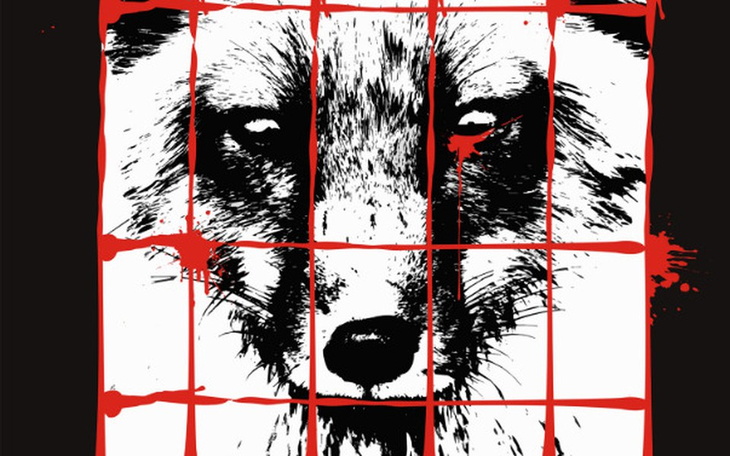 Artystyczny plakat przedstawiający wilka w klatce.