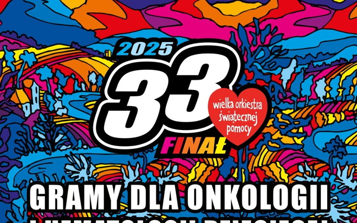 Plakat promujący 33. Finał WOŚP z hasłem o wsparciu onkologii.