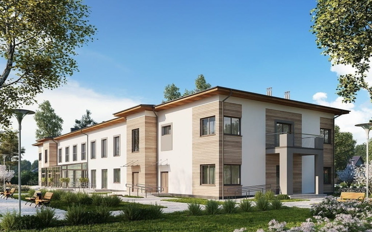 Nowoczesny budynek z ogrodem, idealny na ośrodek rehabilitacyjny.