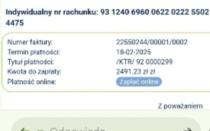 Faktura z terminem płatności 18-02-2025, kwota do zapłaty 2491,23 zł.