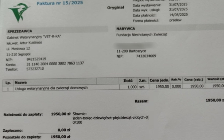 Faktura za usługi weterynaryjne dla zwierząt domowych.