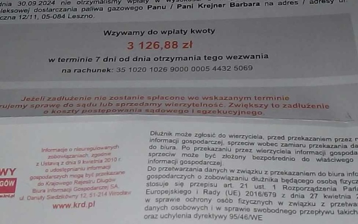 List z wezwaniem do zapłaty, z kwotą do uregulowania.