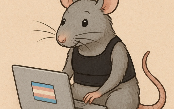 Rysunek myszki przy komputerze, z tęczową flagą na laptopie.