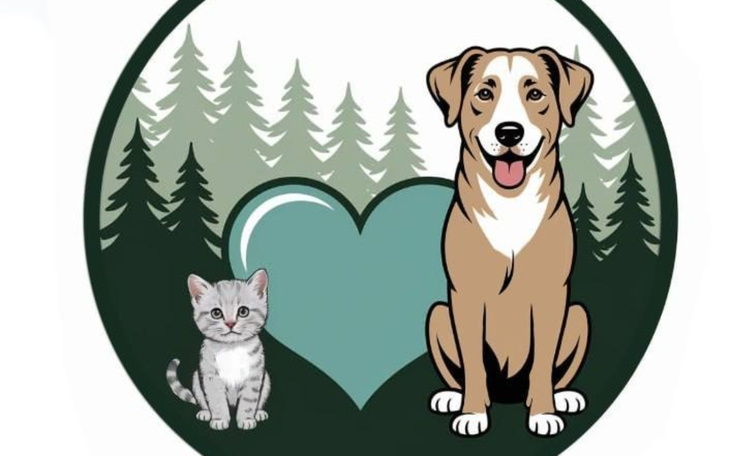 Logo przedstawiające psa i kota w otoczeniu drzew.