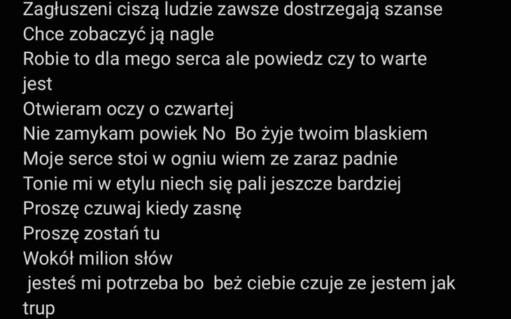 Tekst piosenki, wyrażający emocje i uczucia.