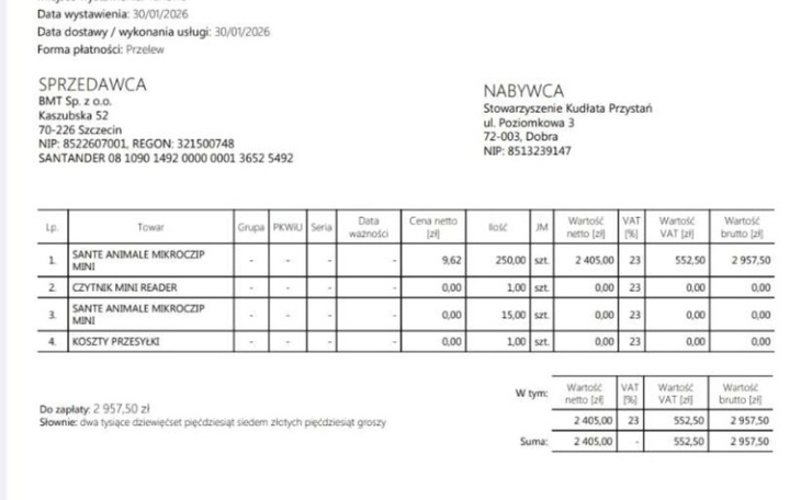Faktura z danymi sprzedaży, szczegóły dotyczące zakupów.
