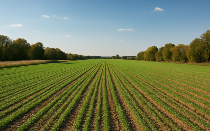 Rozległe pole z zielonymi uprawami pod błękitnym niebem.