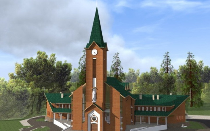 Wizualizacja drewnianego kościoła w otoczeniu drzew.