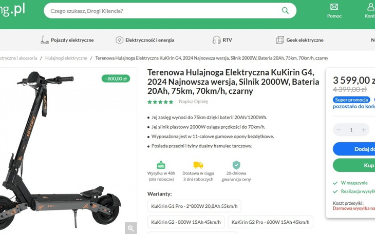 Ogłoszenie o hulajnodze elektrycznej z danymi technicznymi.