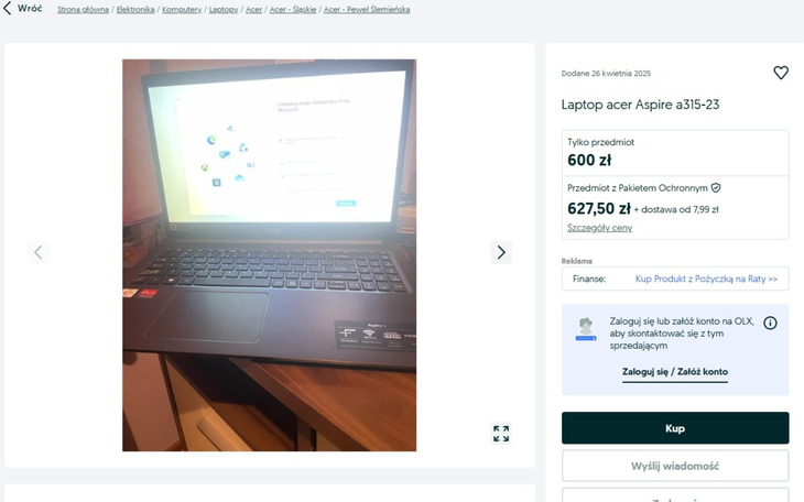 Laptop Acer na sprzedaż z widocznym ekranem.