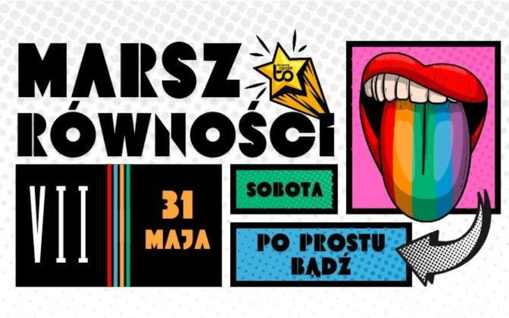Plakat promujący Marsz Równości, kolorowy i wyrazisty.