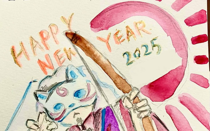 Rysunek przedstawiający kota z napisem 'Szczęśliwego Nowego Roku 2025'.