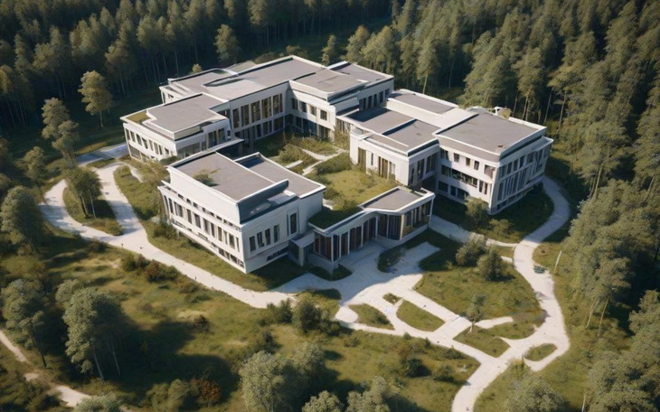 Widok na nowoczesny budynek w lesie.