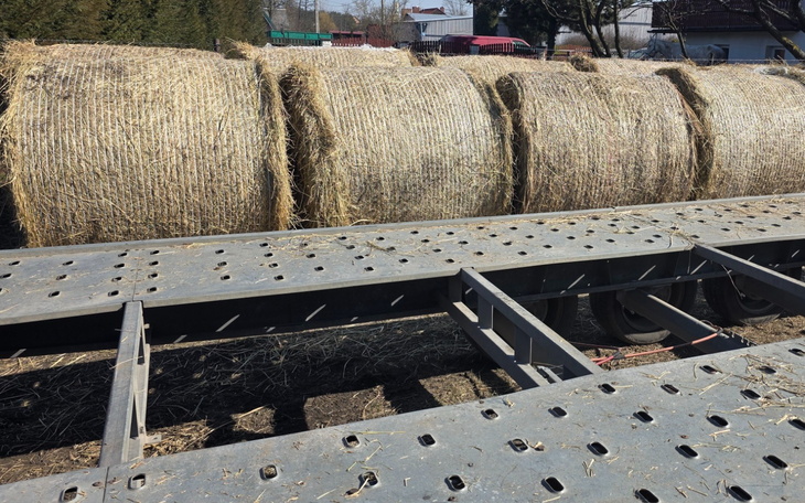 Widok na przyczepę z belami siana.