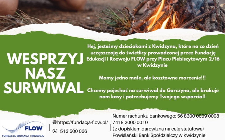 Plakat zachęcający do wsparcia dzieci w Kwidzynie w ich marzeniach.