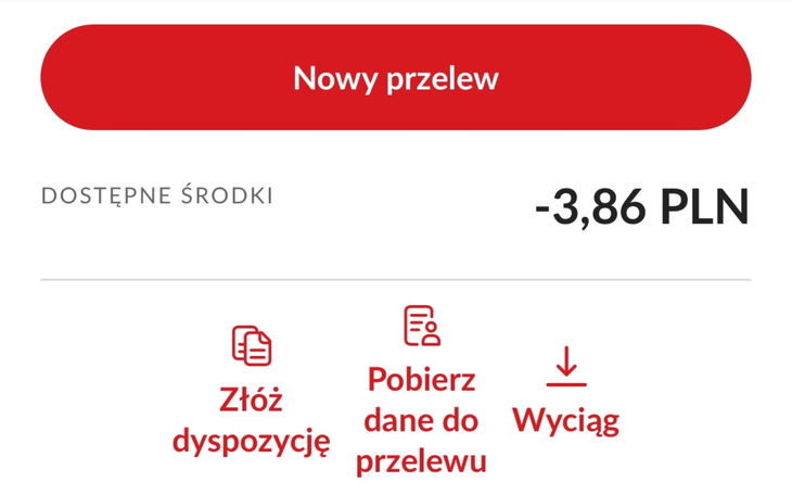 Nowy przelew z dostępnych środków - -3,86 PLN.
