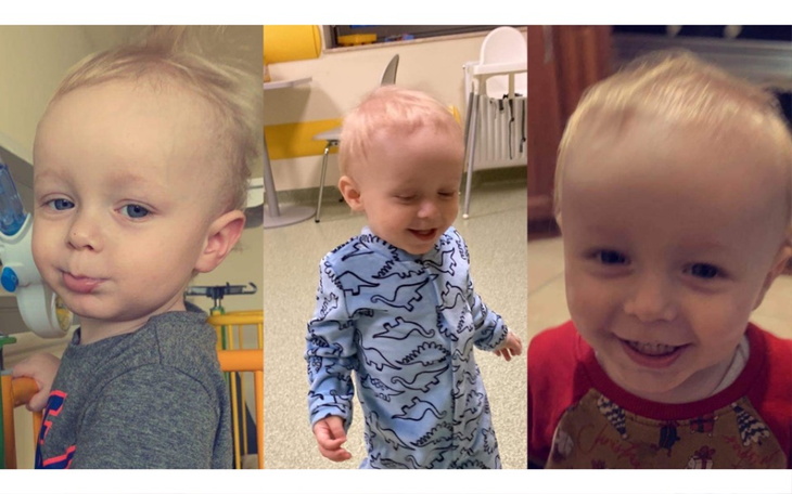 Trzy zdjęcia małego chłopca, uśmiechniętego i radosnego.