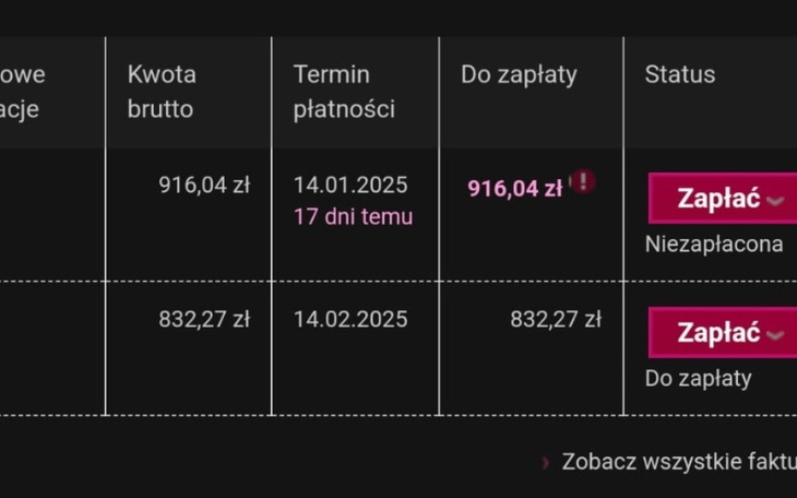 Zrzut ekranu z fakturą do zapłaty.