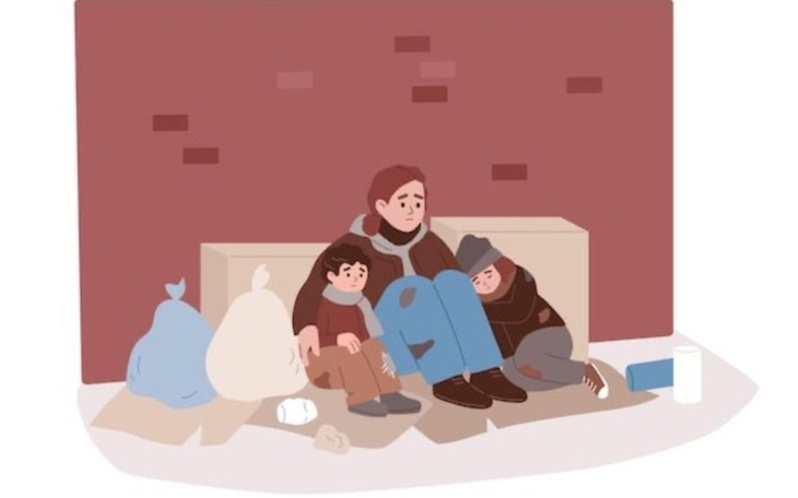 Ilustracja rodziny bezdomnej siedzącej na ulicy.