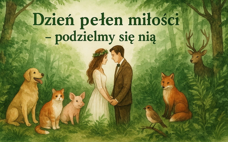 Ilustracja pary w lesie, otoczonej zwierzętami, z napisem o miłości.