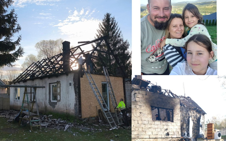 Rodzina przy zniszczonym domu, w trakcie remontu.