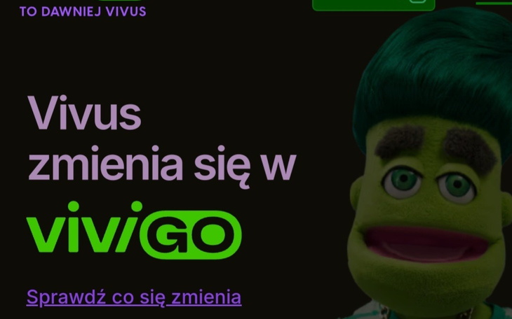 Postać z zielonymi włosami w reklamie Vivus.