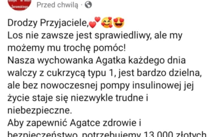 Post na Facebooku o potrzebach zdrowotnych Agatki.