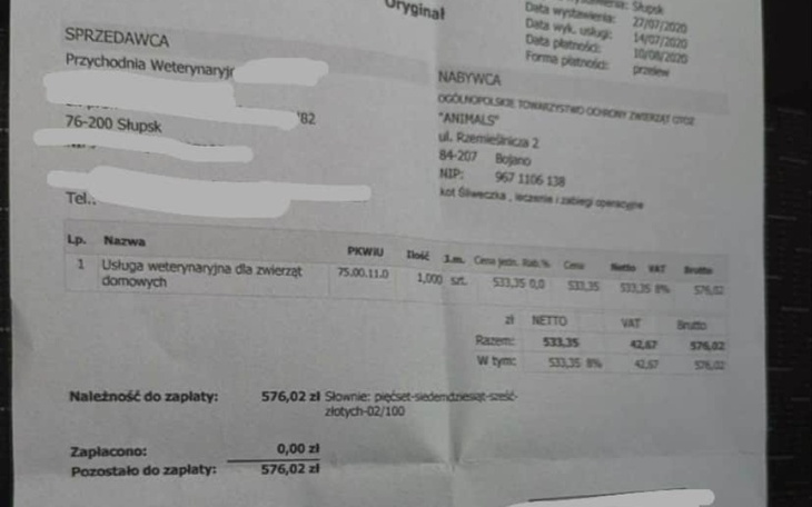 Faktura za usługi weterynaryjne dla zwierząt domowych.
