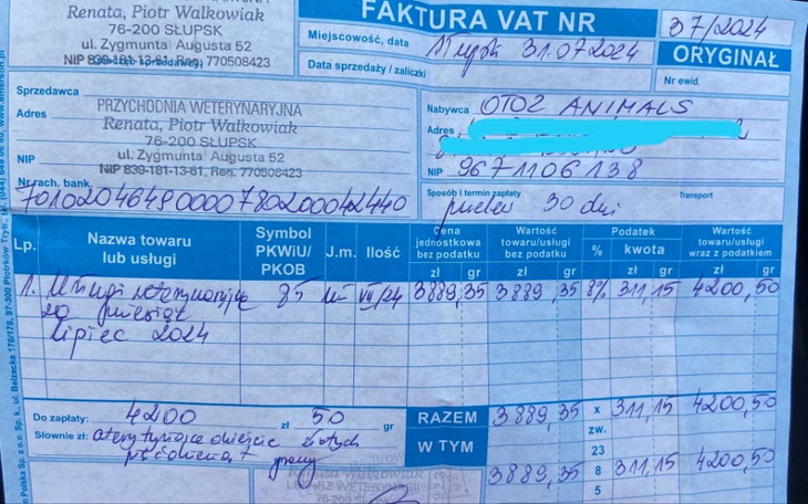 Faktura weterynaryjna z danymi o usługach dla zwierząt.