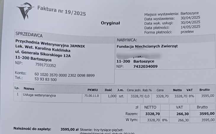 Faktura za usługi weterynaryjne z datą wystawienia.