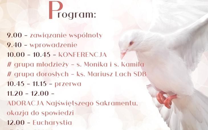 Program wydarzenia z gołębiem, z harmonogramem.