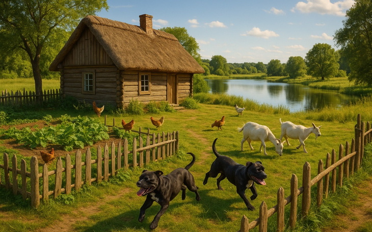 Sielankowy krajobraz z domkiem, zwierzętami i rzeką.