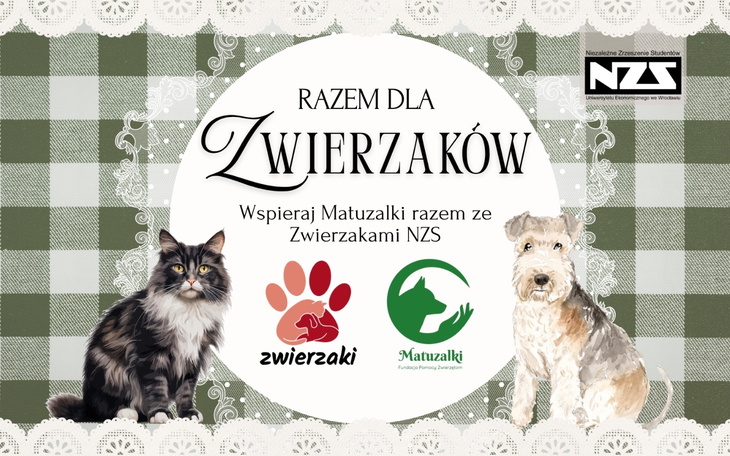 Plakat wspierający zwierzęta, z grafiką kotów i psów.