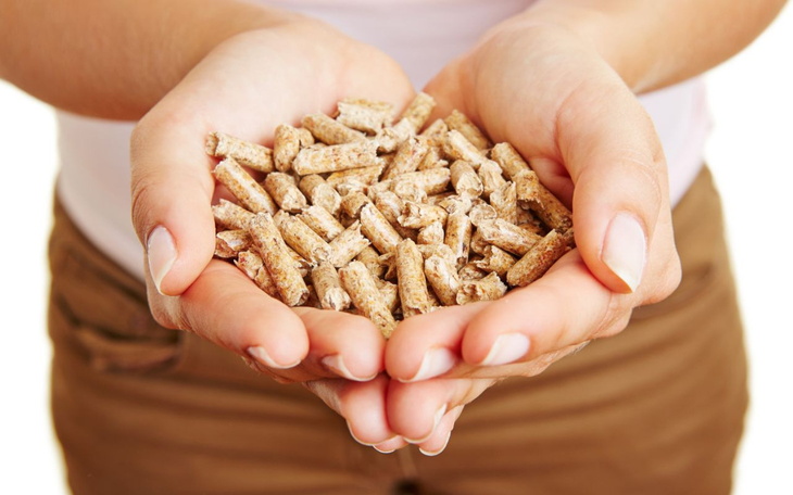 Kobieta trzyma w dłoniach granulki, prawdopodobnie do pieca.