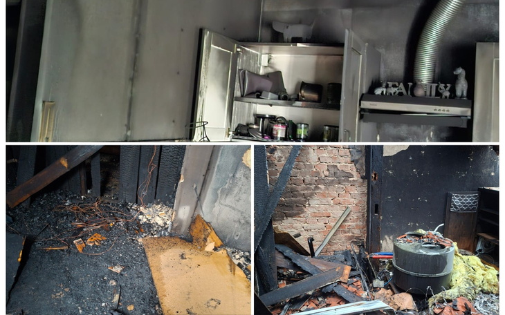 Zniszczone wnętrze po pożarze, z widocznymi uszkodzeniami.