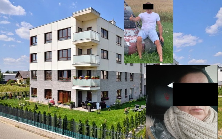 Budynek mieszkalny z ogrodem, na tle nieba.