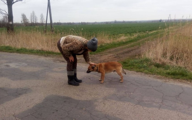 Kobieta głaszcząca psa na wiejskiej drodze.