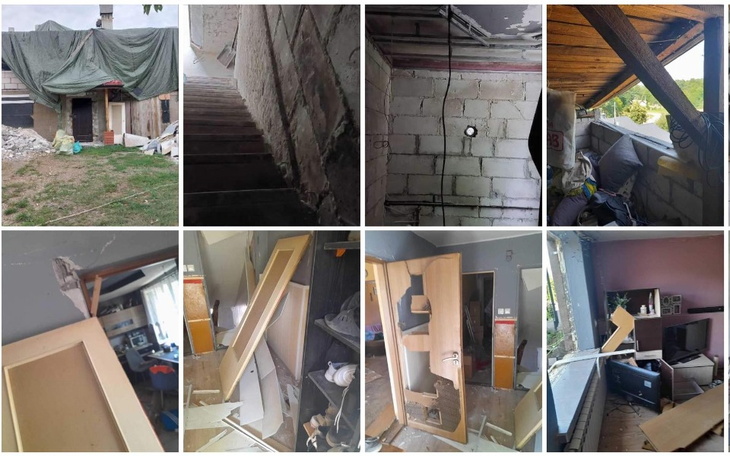 Kolaż zdjęć przedstawiający zniszczony dom i prace remontowe.