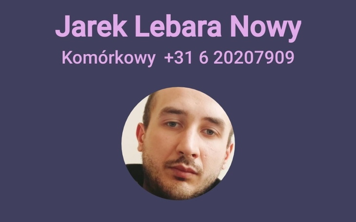 Grafika z imieniem i numerem telefonu, na ciemnym tle.