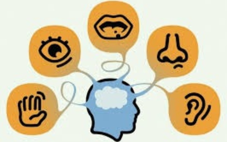 Ikony zmysłów wokół ludzkiej sylwetki.