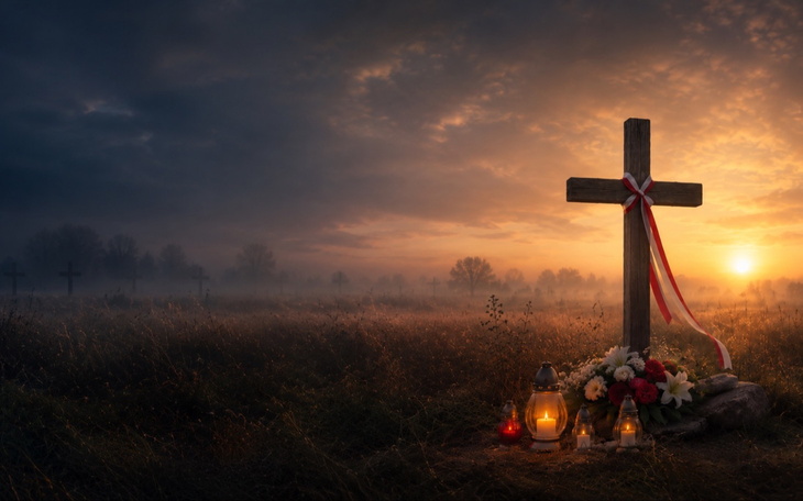 Krzyż z kwiatami i lampionami na tle zachodu słońca na polu