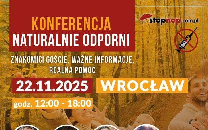 Plakat konferencji o zdrowiu, z datą i miejscem.