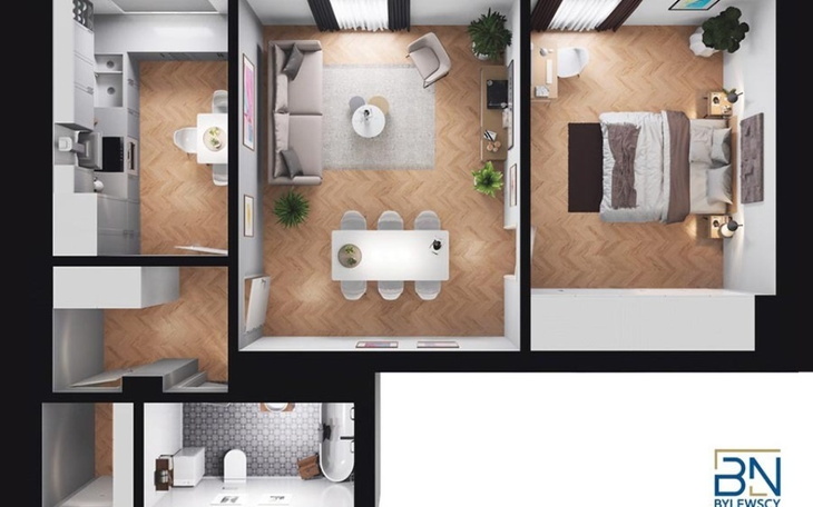 Widok z góry na nowoczesne mieszkanie z różnymi pomieszczeniami.