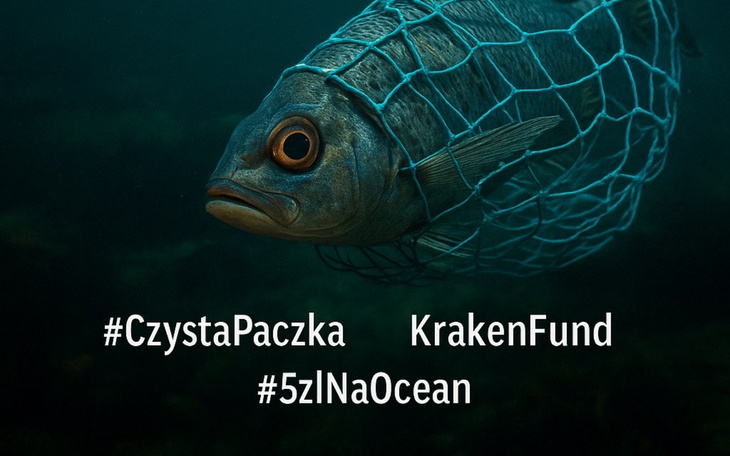 Ryba w sieci, symbolizująca problem zanieczyszczenia oceanów.