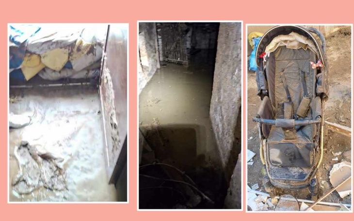 Zniszczone wnętrze po powodzi, z błotem i zniszczeniami.