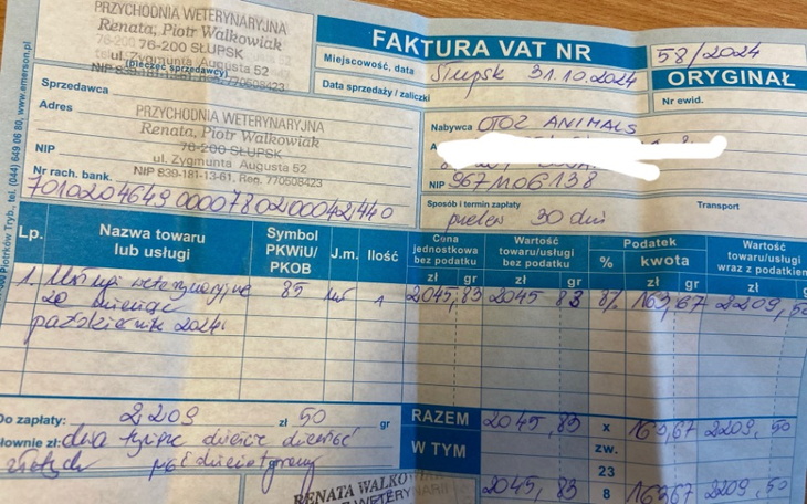 Faktura weterynaryjna z datą i szczegółami usług.