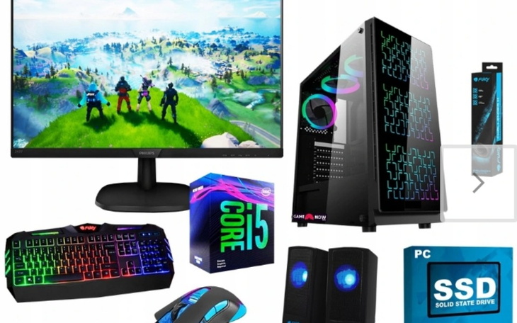 Zestaw komputerowy z monitorem, klawiaturą i myszką do gier.